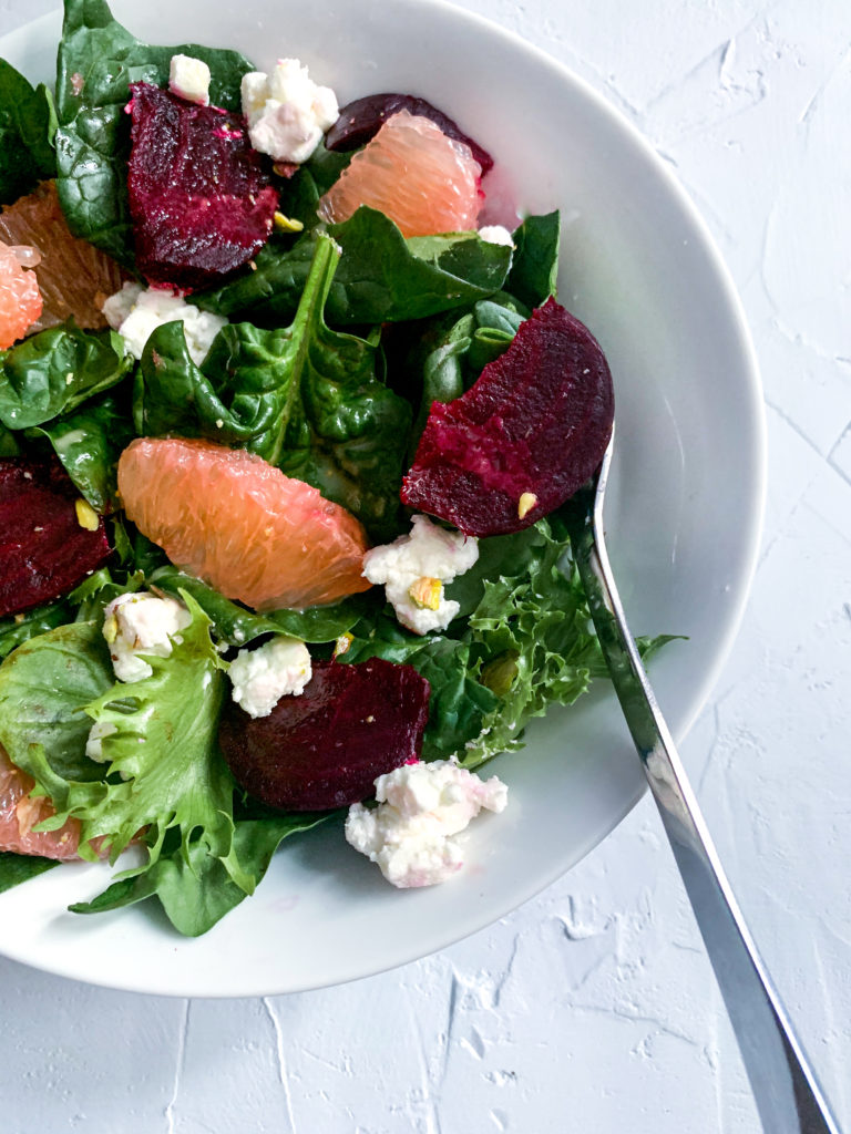 Roasted beet & grapefruit salad with pistachios and goat cheese