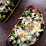 close up of broccoli melt on baking sheet