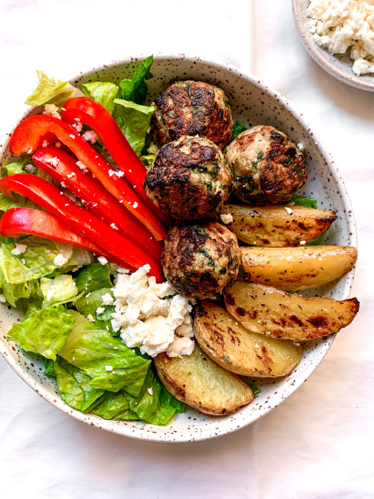 greek pork meatball bowls with roasted lemon potatoes