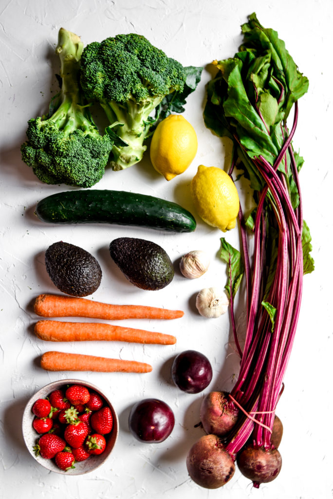 rainbow produce arranged in a rectangle