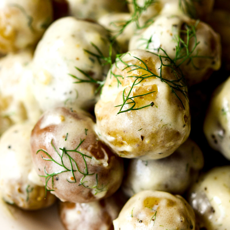 new potatoes in a cream sauce topped with fresh dill