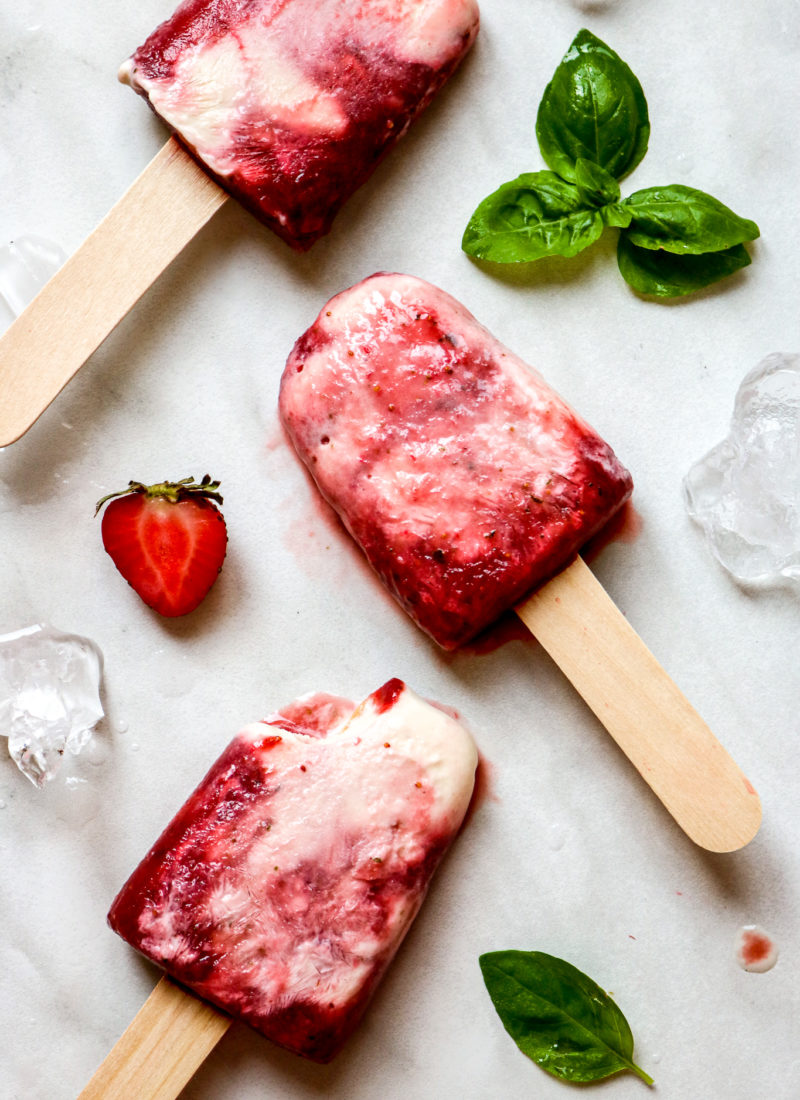 Sweet Strawberry Basil Swirl Yogurt Popsicles