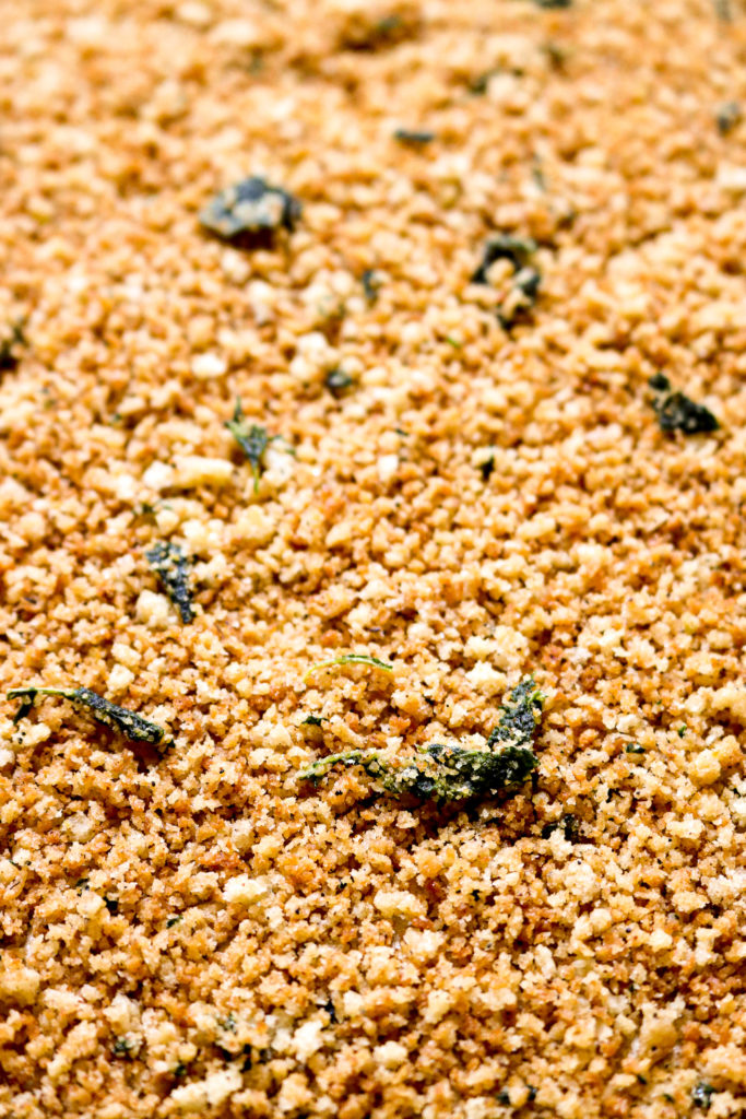 close up shot of golden brown breadcrumbs with crispy sage pieces